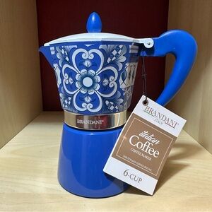 Brandani Italian Blue Coffee Maker Moka Pot Stovetop Aluminum 6 Cup NEW